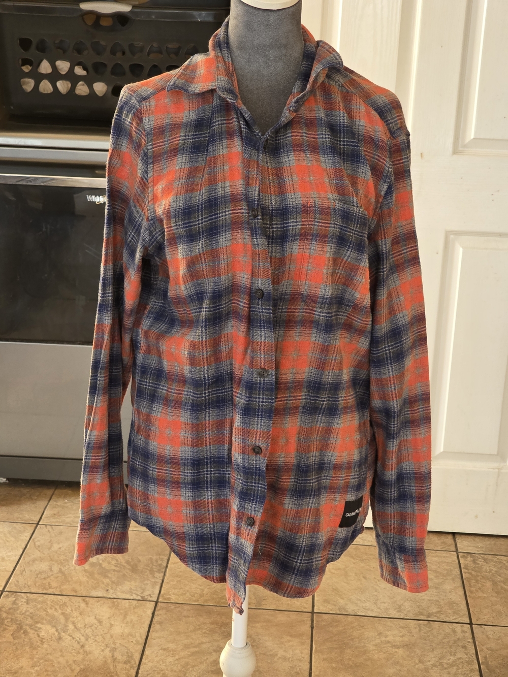 Calvin Klein Orange and Blue Plaid Button-Down Shirt